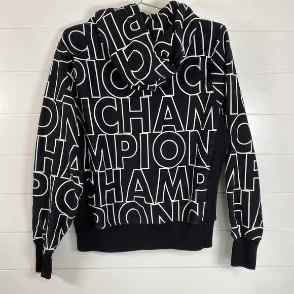 Champion Reverse Weave Hoodie Mens Medium Black All Over Pullover Sweatshirt - Picture 7 of 12